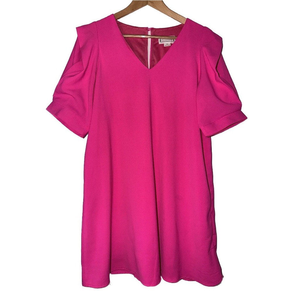 Loveriche Puff Sleeve Shift Dress Womens M Pink Good V-Neck Keyhole LD43242-1
